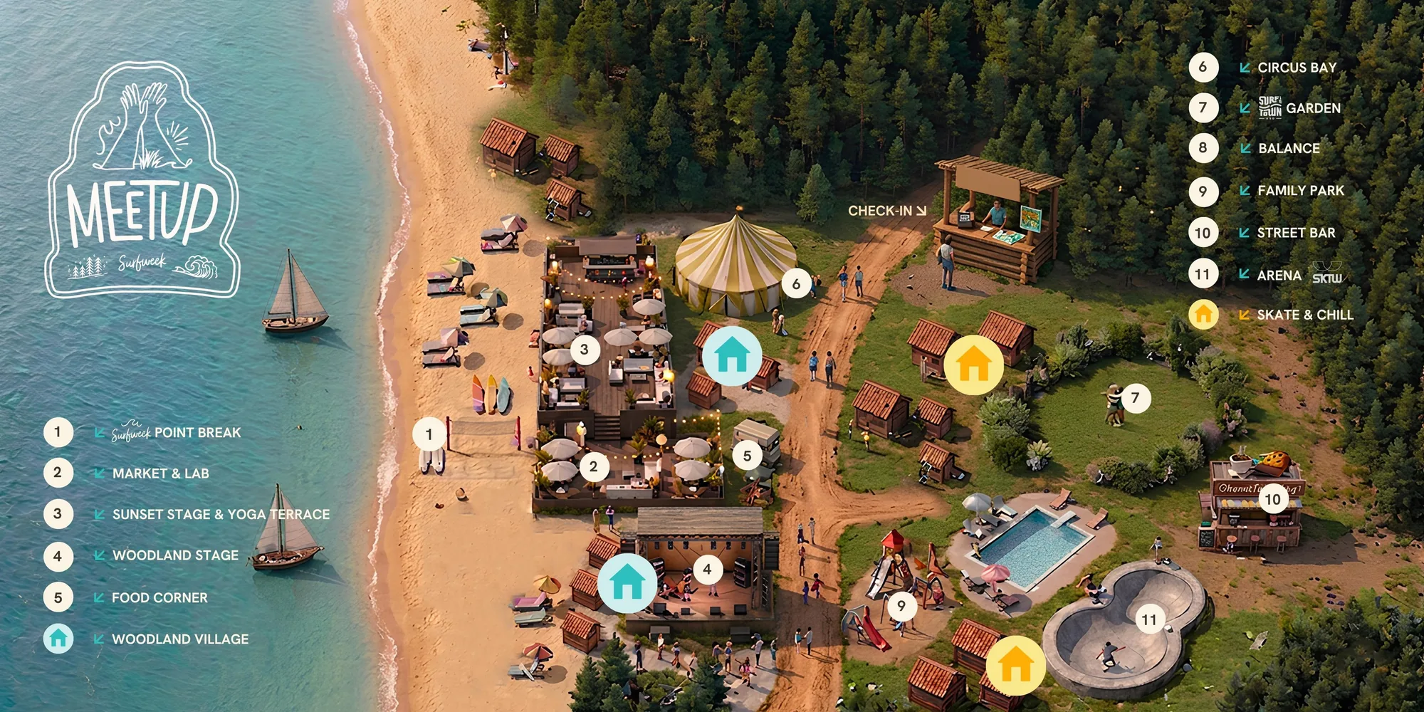 Mappa del village del MeetUp Festival 2026 a Punta Marina Terme con tutte le aree